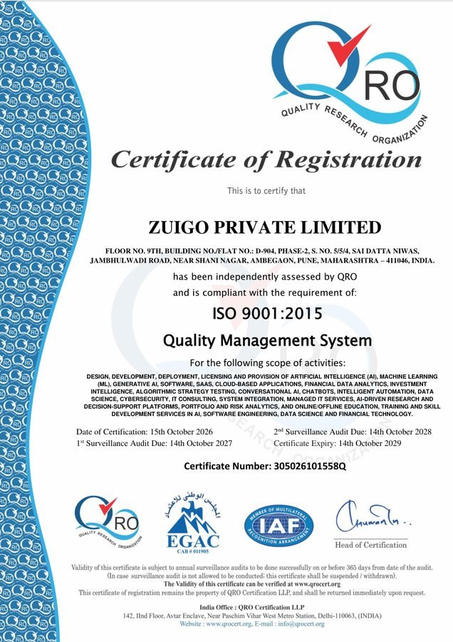 ISO 9001:2015 certificate issued to ZuiGO Private Limited, number 305026101558Q