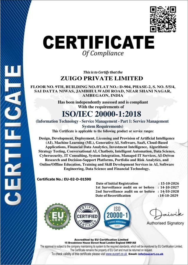 ISO/IEC 20000-1:2018 certificate issued to ZuiGO Private Limited, number EU-02-D-01590
