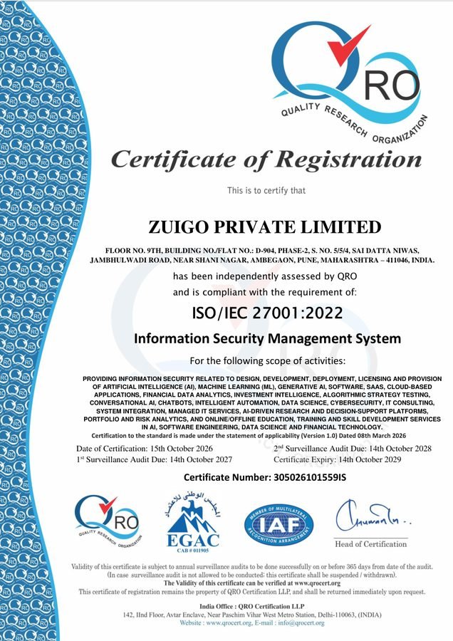 ISO/IEC 27001:2022 certificate issued to ZuiGO Private Limited, number 305026101559IS